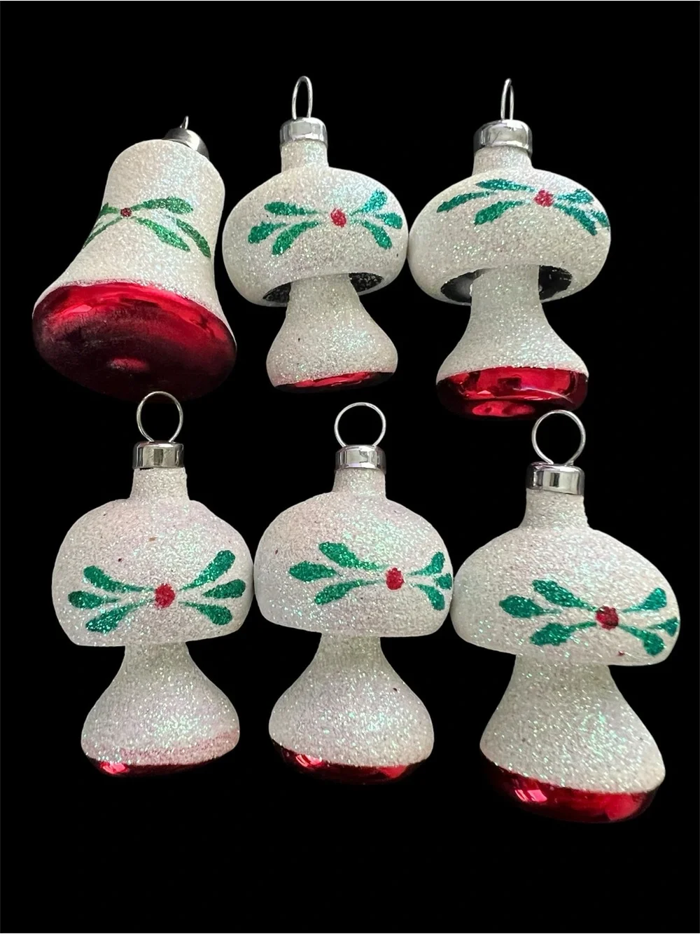 Vintage Blown Glass Glitter Mushroom and Bell Ornaments - lot of 6
